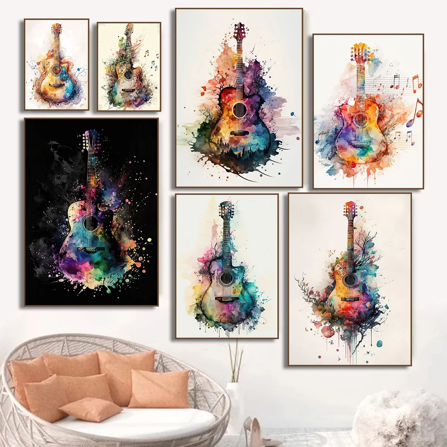 (액자 없음) 악기, 기타, 수채화, 예술 포스터, 캔 - Picture Of Musical Instrument 리뷰 및 가격